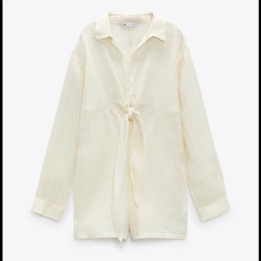 Zara rustic cream linen long sleeve tie front romper coverup NWT sz XXL